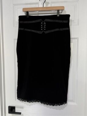 Gothic Worthington Black Pencil Skirt with Lace Hem and Corset Detail